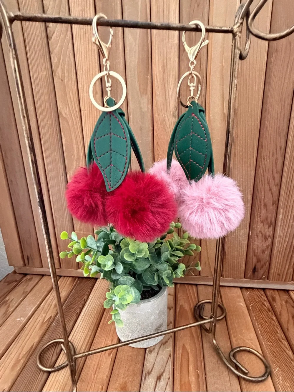 Fluffy Cherry Pom Pom Keychain Bag Charm, in Red or Pink